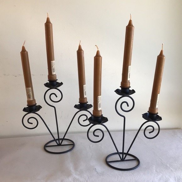 Set of 2 candelabras 6 candles Black wrought iron holder Harvest gold wax candle - Picture 4 of 8